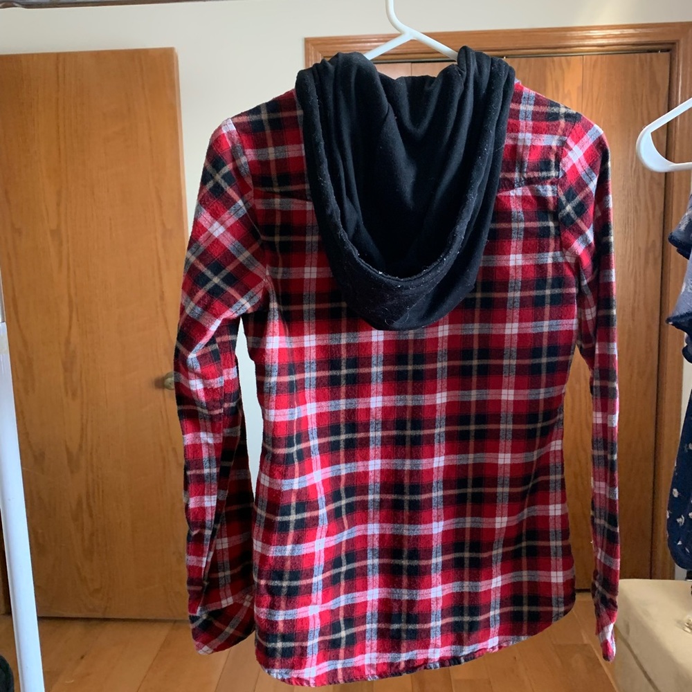 Red and black flannel with hoodie size medium